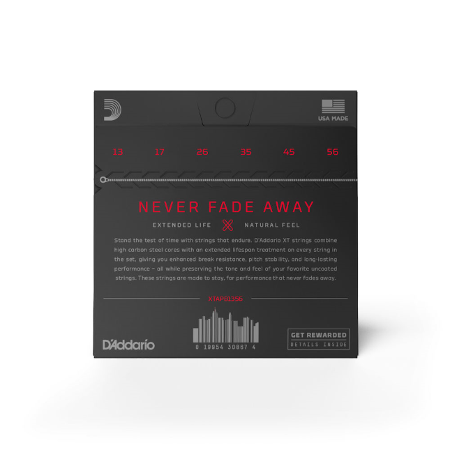D'Addario guitar string packaging with 'Never Fade Away' text on a white background