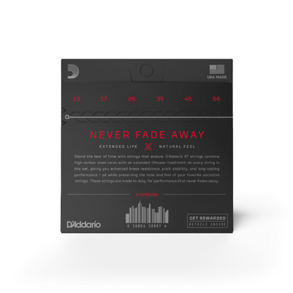 D'Addario guitar string packaging with 'Never Fade Away' text on a white background