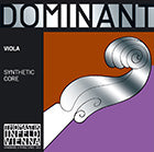Dominant viola string packaging with a silver string on a purple and brown background