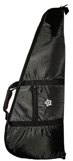 Black guitar case with a visible brand logo on a white background