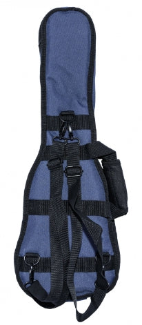 Blue ukulele bag with black straps on a white background