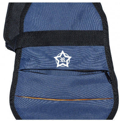 Detail of the blue gig bag, in particular of the front pouch with a star-shaped logo on a white background