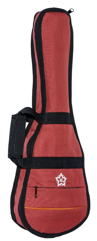 Red guitar case with black straps on a white background