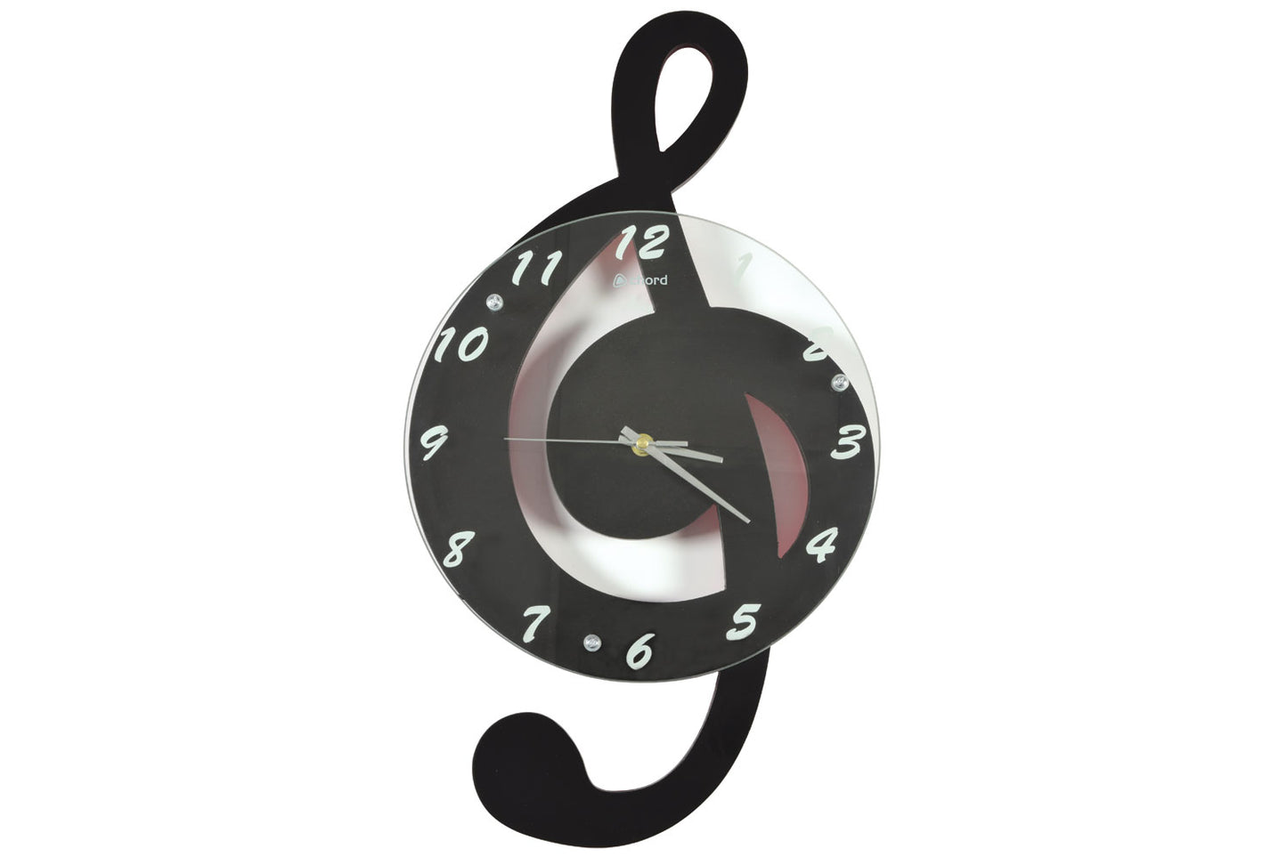 Wall clock with black decorative hook on a white background