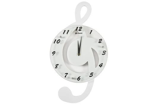 White hanging clock with black numbers on a white background
