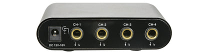 Headphones amplifier with four channel connectors on a white background