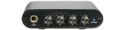 front view of headphones amplifier with multiple knobs and a power indicator on a white background