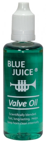 Blue Juice valve oil bottle with green liquid and white cap.