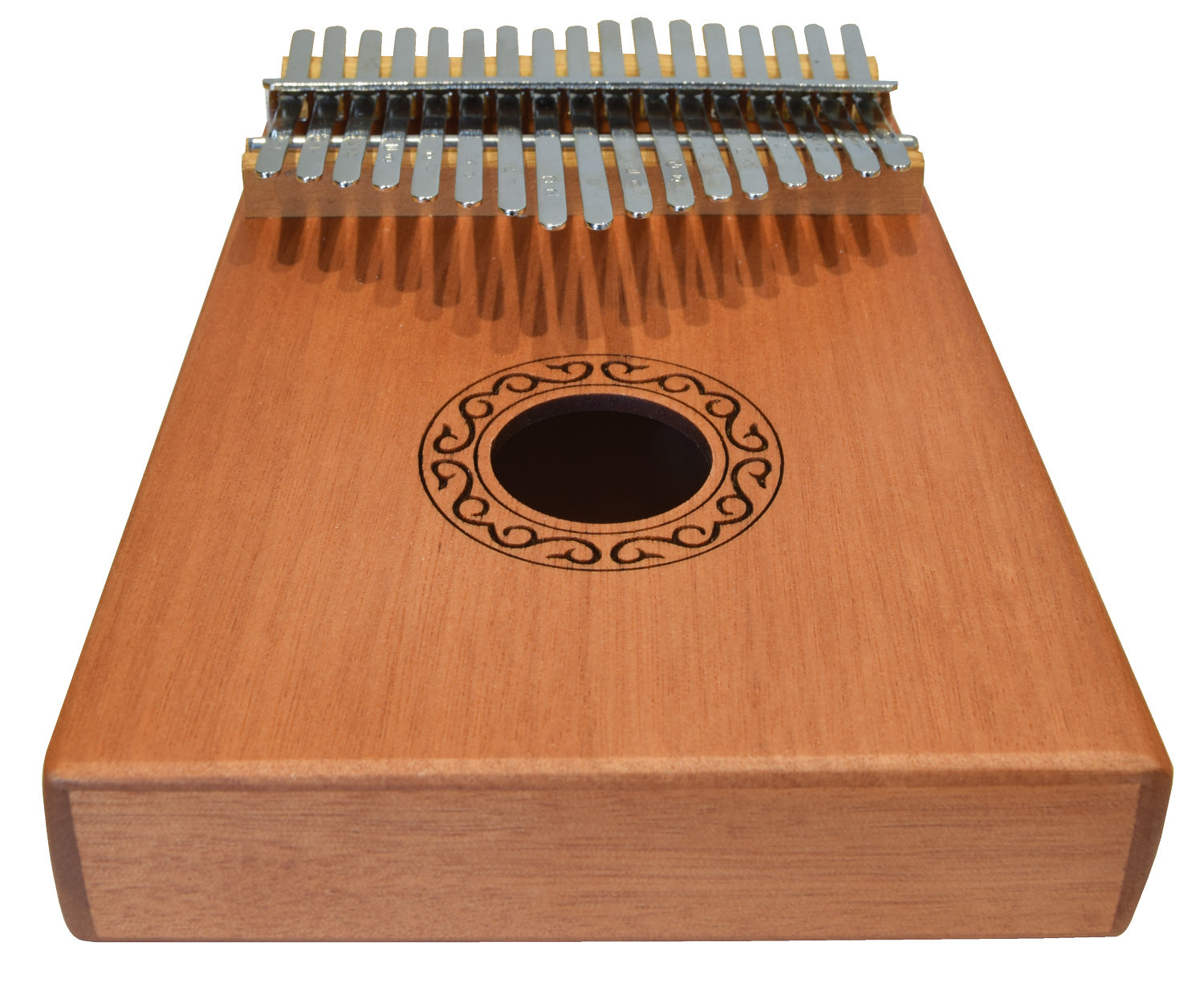 Wooden kalimba with metal tines on a white background