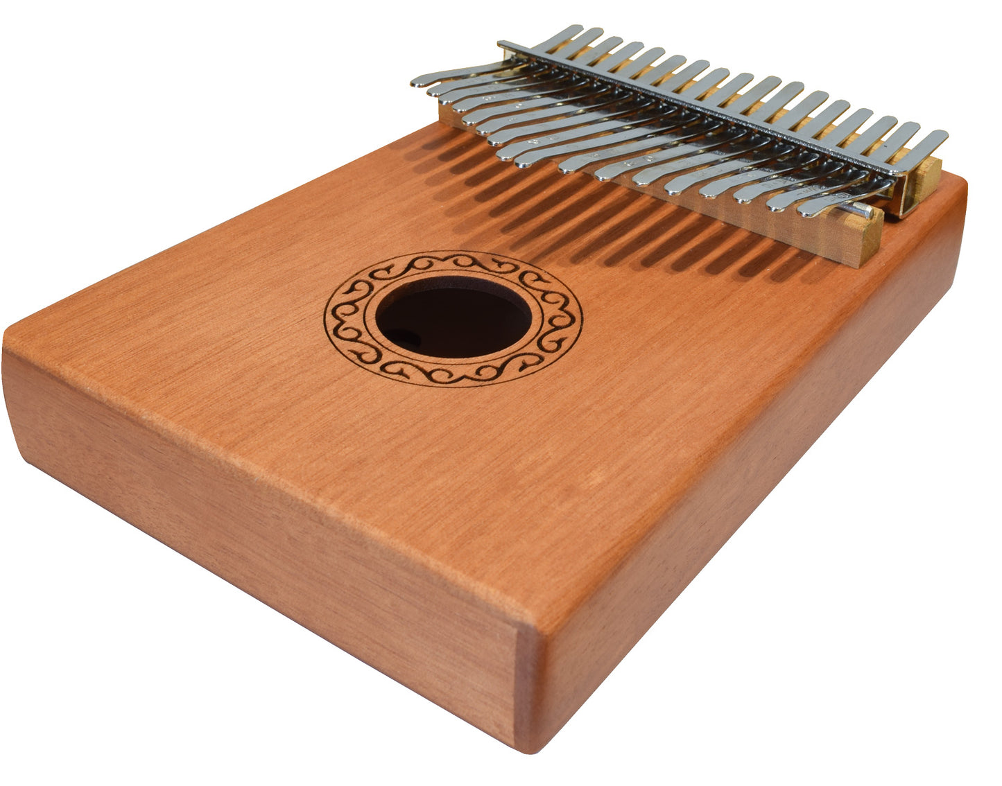 Wooden kalimba with metal tines on a white background