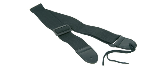Black guitar strap on a white background