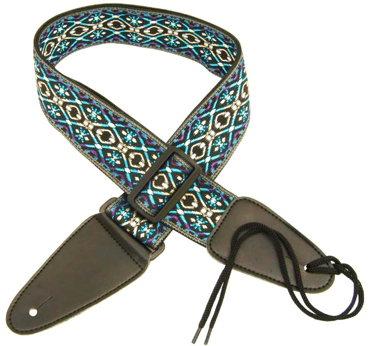 Guitar strap with colorful geometric pattern on a white background