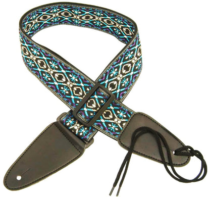 Guitar strap with colorful geometric pattern on a white background