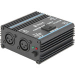 Black audio interface with two input/output jacks on a black background