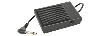 Black foot pedal with a cable on a white background