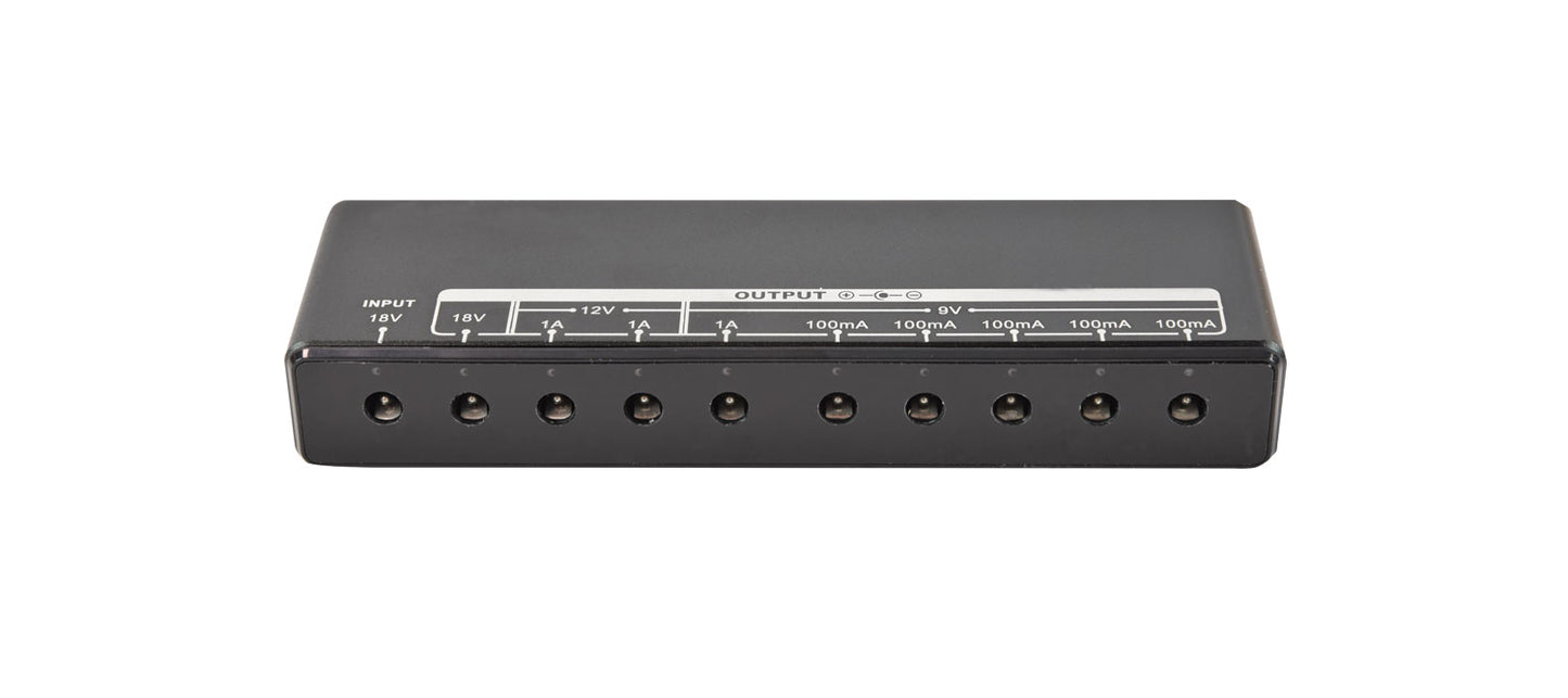 Black electronic device with labeled ports on a white background