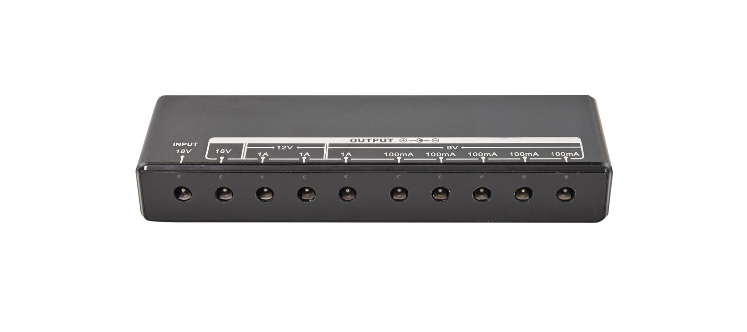 Black electronic device with labeled ports on a white background