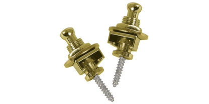 Two brass guitar bridge saddles with screws on a white background
