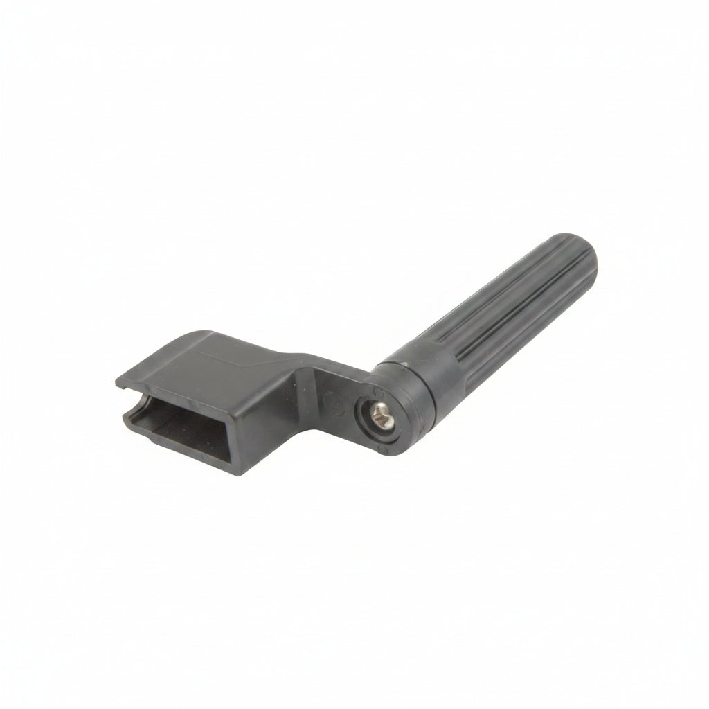 Black plastic tool with a handle on a white background