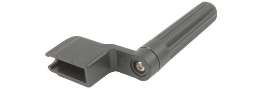 Black plastic tool with a handle on a white background
