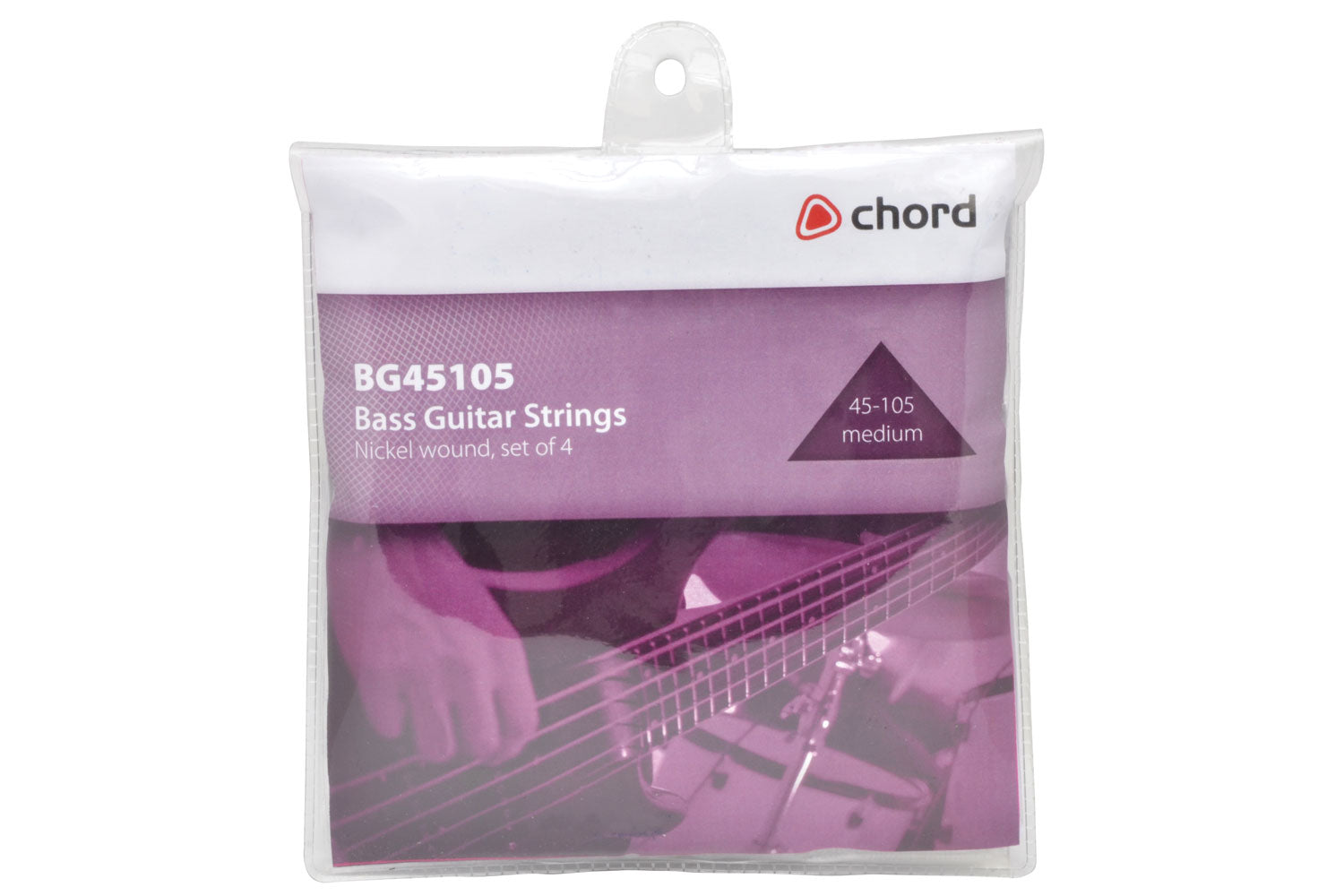 Transparent sleave, packaged bass guitar strings with Chord branding on a white background
