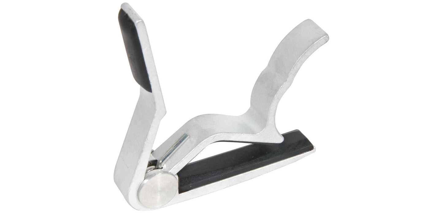 Guitar capo with white and black design on a white background