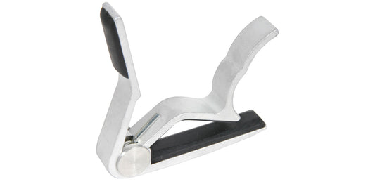 Guitar capo with white and black design on a white background
