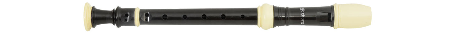 Black recorder with white keys on a light gray background