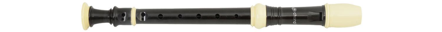 Black recorder with white keys on a light gray background