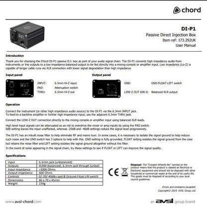 User manual for Chord DI-P1 passive direct injection box with technical specifications and branding.