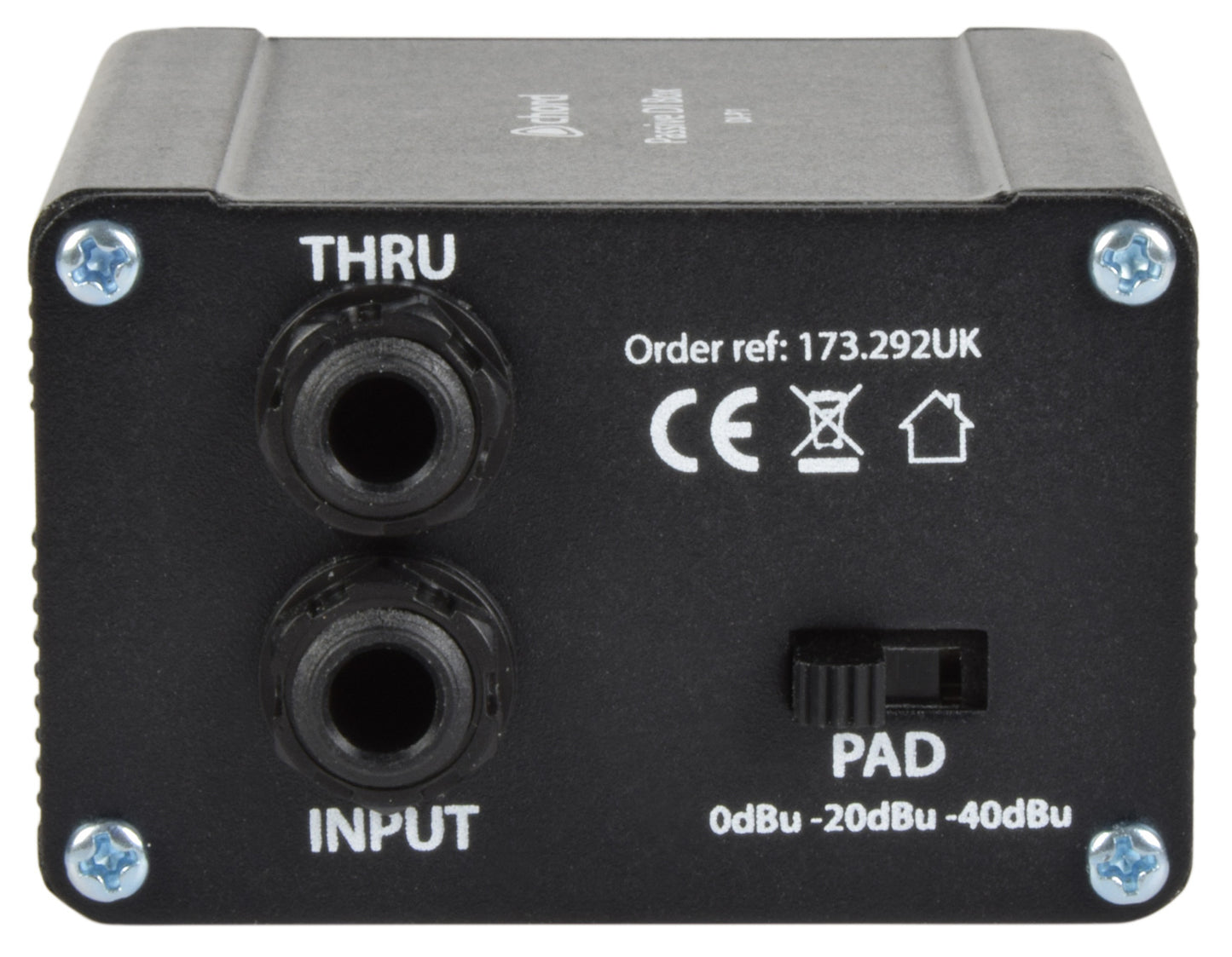 Black metal rectangular box with one thru jack socket and one input jack socket.  A plastic toggle-switch for 3 different decibel settings.