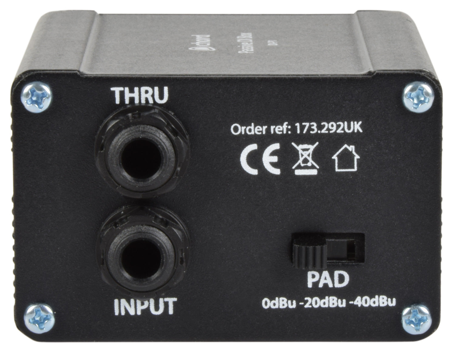 Black metal rectangular box with one thru jack socket and one input jack socket.  A plastic toggle-switch for 3 different decibel settings.