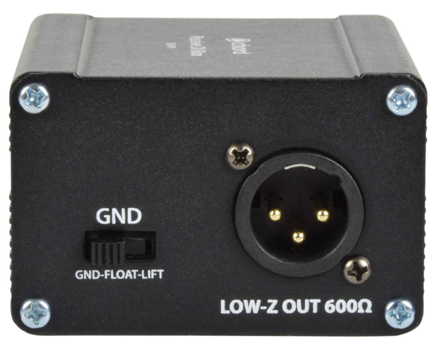 A black metallic box with a  XLR output and a 3-way toggle switch (GRD - Float - Lift). 
