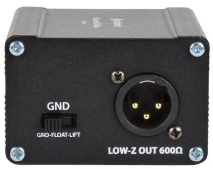 A black metallic box with a  XLR output and a 3-way toggle switch (GRD - Float - Lift). 