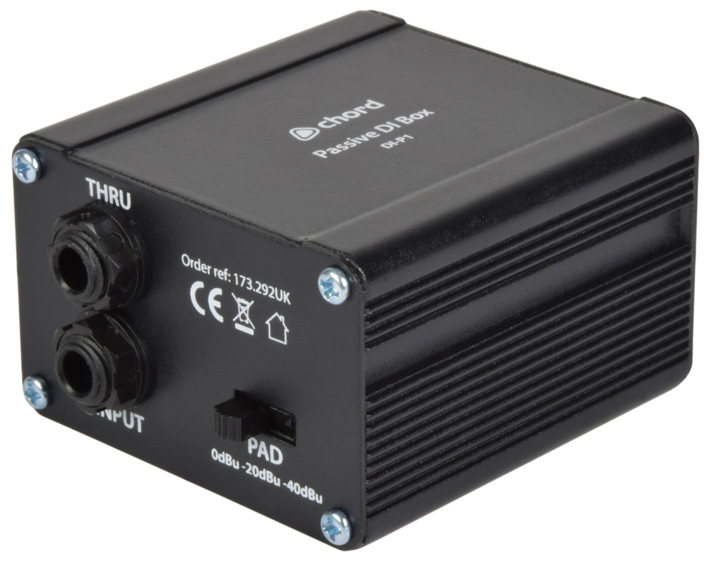 Black metal rectangular box with one thru jack socket and one input jack socket.  A plastic toggle-switch for 3 different decibel settings.