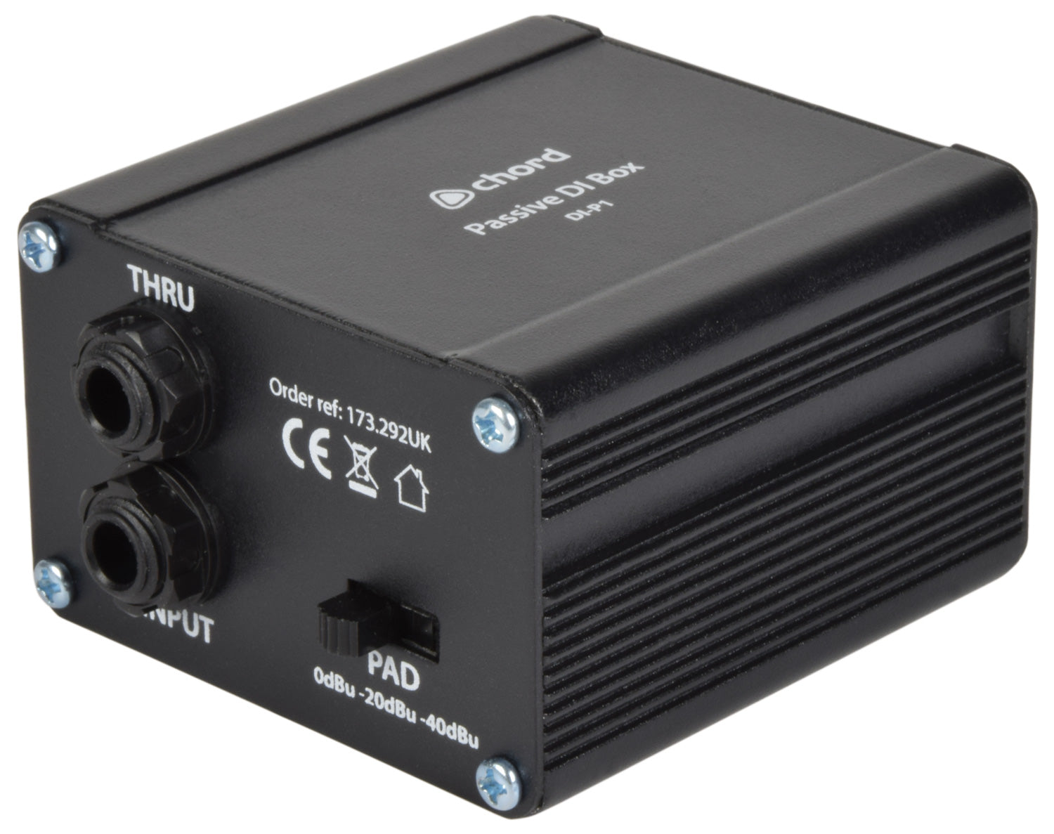 Black metal rectangular box with one thru jack socket and one input jack socket.  A plastic toggle-switch for 3 different decibel settings.