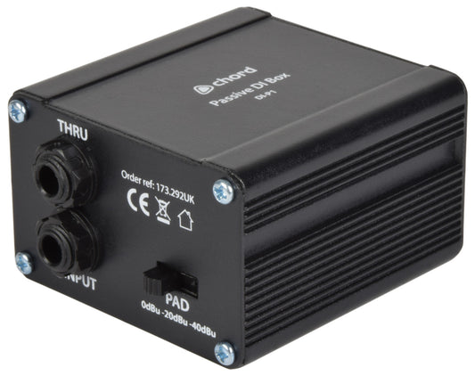Black metal rectangular box with one thru jack socket and one input jack socket.  A plastic toggle-switch for 3 different decibel settings.