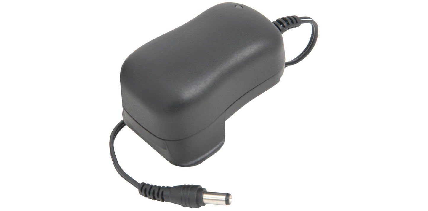 Black power adapter with a cable on a white background