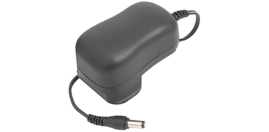 Black power adapter with a cable on a white background