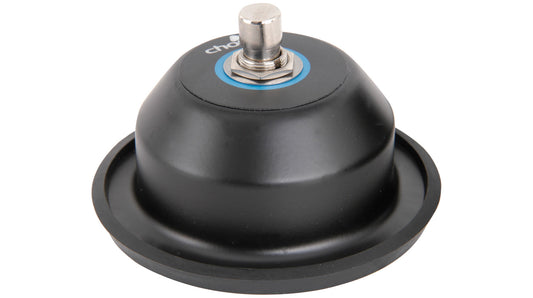 Black and silver round pedal with a single silver button in the middle. With chord brand printed on the tor and rubber base
