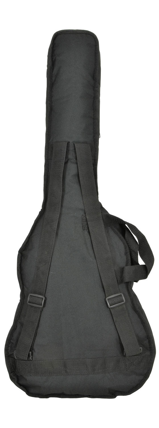 Black guitar case with black straps on a white background