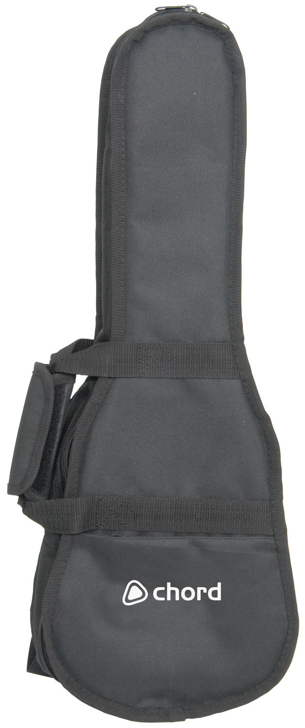 Black ukulele case with 'Chord' branding on a white background