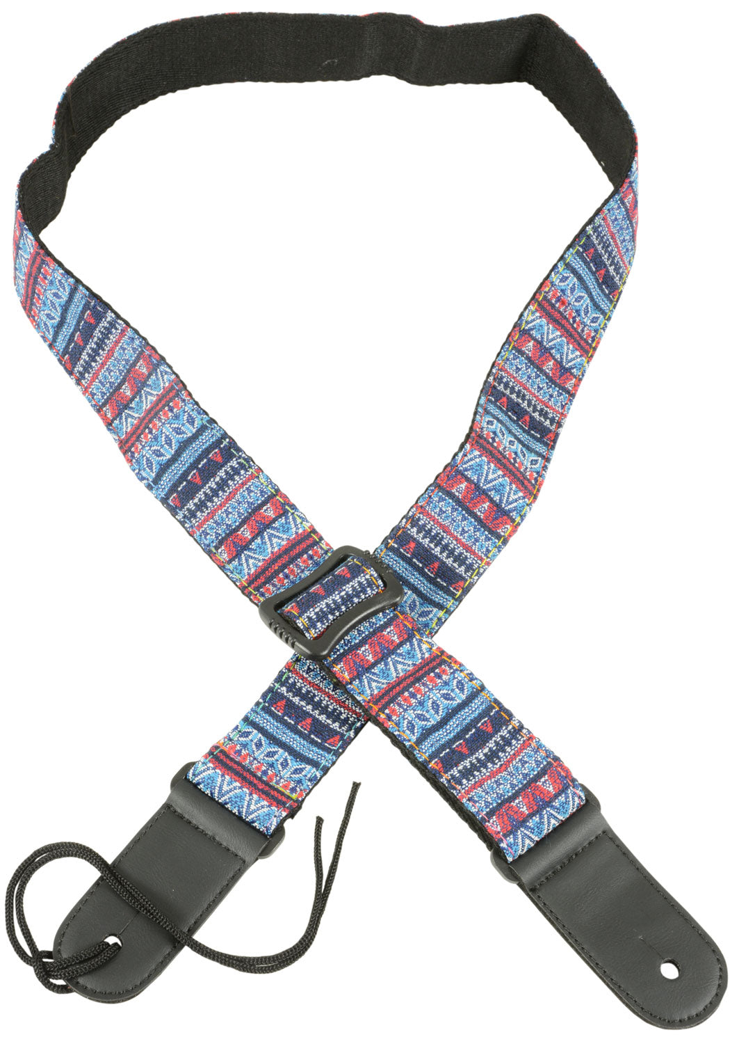 Multicolored patterned guitar strap with black leather ends on a white background