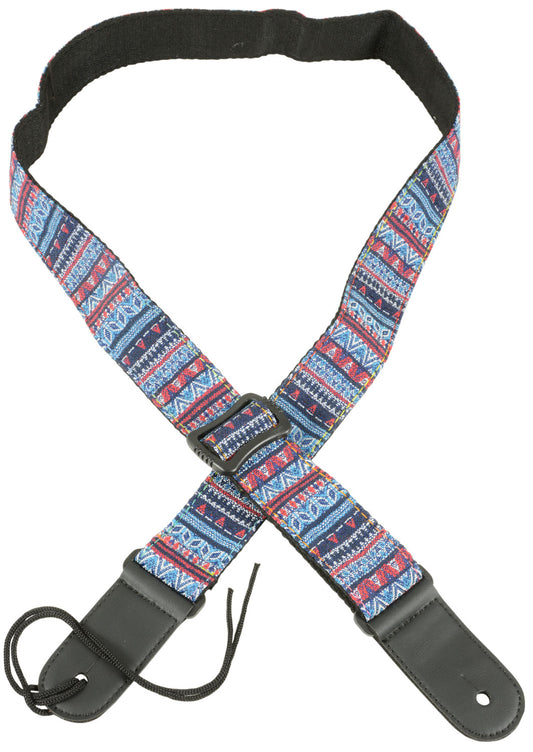 Multicolored patterned guitar strap with black leather ends on a white background