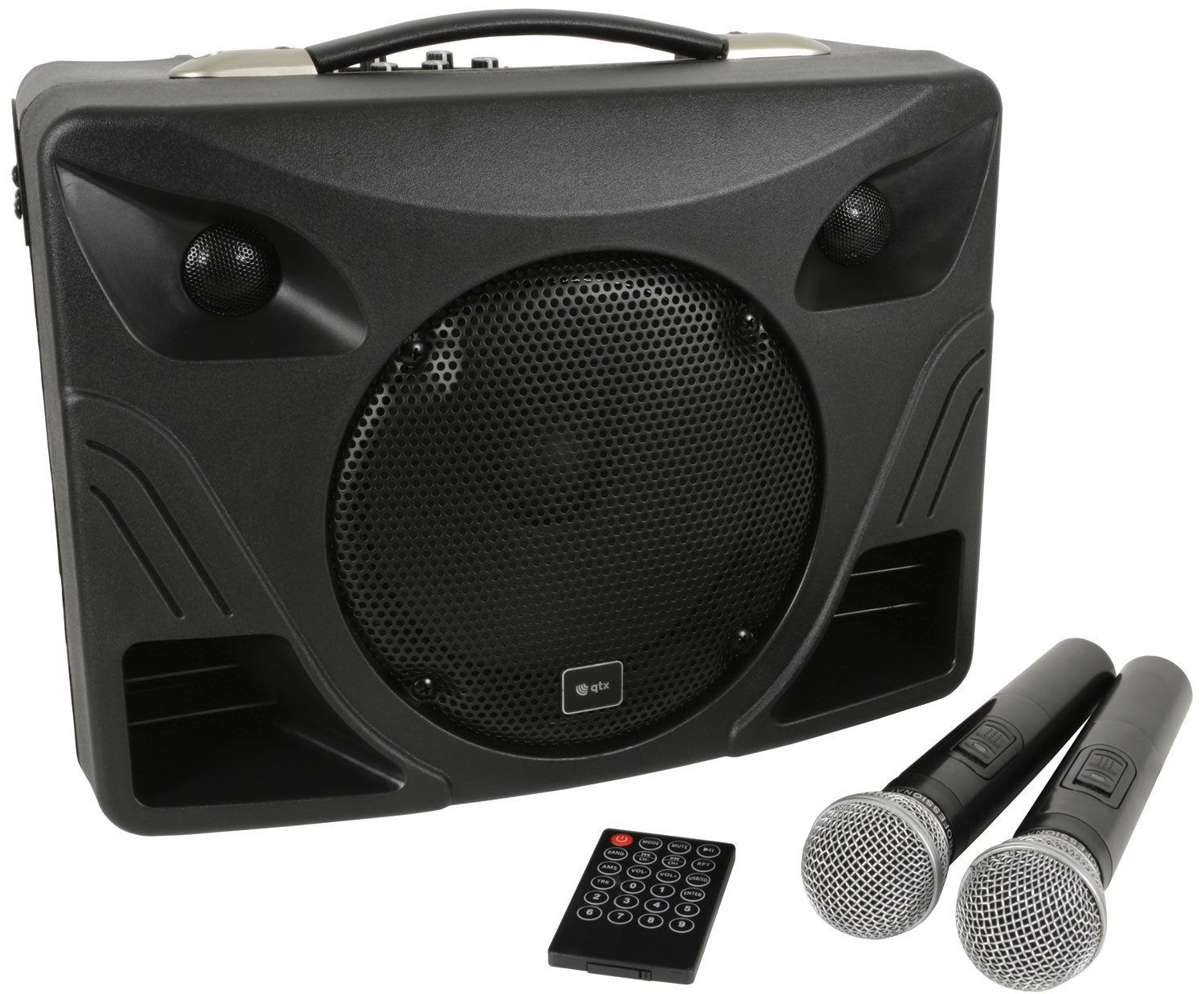 Black portable speaker with two microphones and a remote control on a white background
