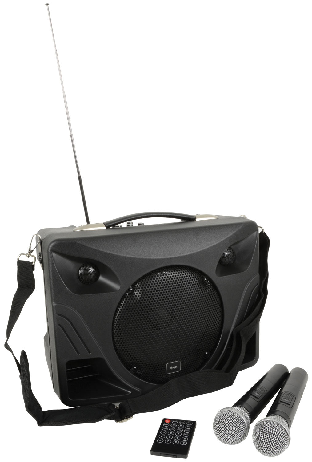 Portable PA system with speakers, microphones, and remote control on a white background