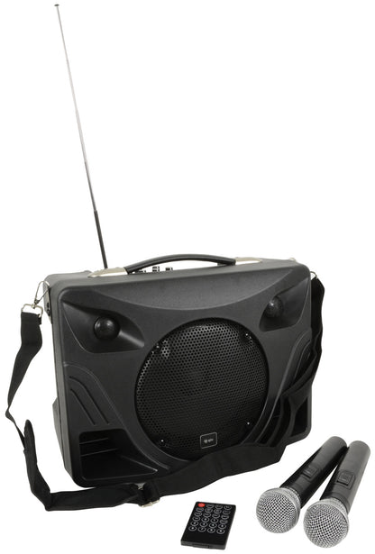 Portable PA system with speakers, microphones, and remote control on a white background