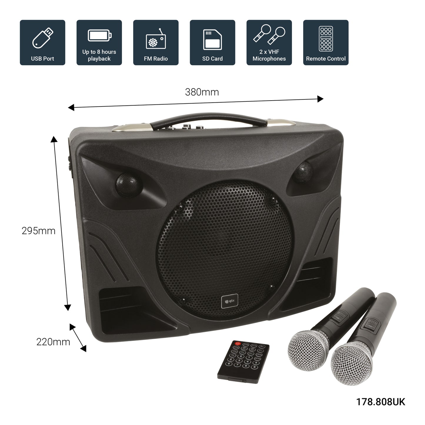 Portable speaker with dimensions, microphones, and remote control on a white background