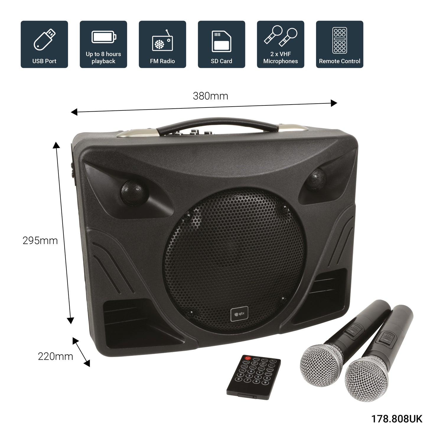 Portable speaker with dimensions, microphones, and remote control on a white background