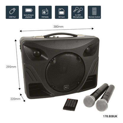 Portable speaker with dimensions, microphones, and remote control on a white background
